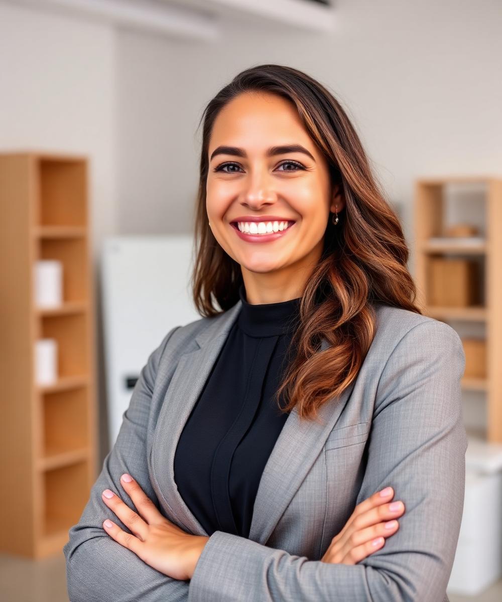 Contadora brasileira sorrindo em um ambiente profissional e acolhedor